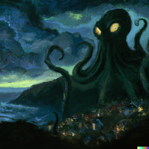 DALL·E 2022-09-08 15.13.11 - painting of cthulhu looming above a small coastal town at night.png